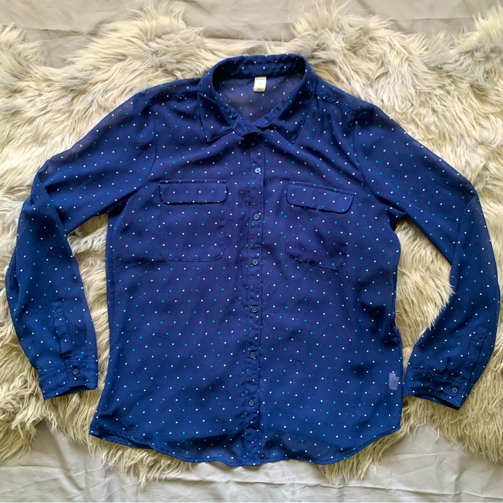 Old Navy Sheer Navy Blue Polka Dot Long Sleeve Button Up Blouse Size L